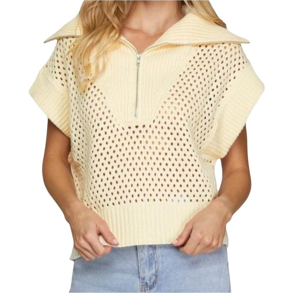 Scotch & Soda Golden Haze Yellow Open Knit Quarter Zip Sleeveless Sweater XS NEW